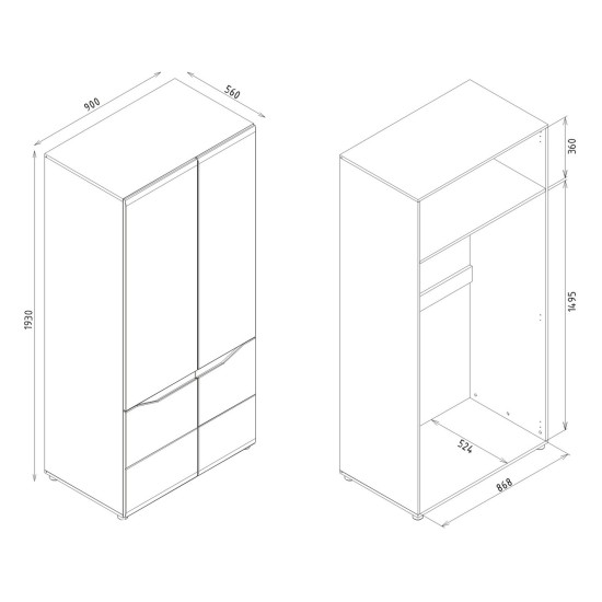 Wardrobe LIONEL 90 cm, 2 doors, truffle sonoma oak with white gloss fronts