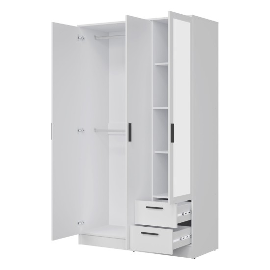 Шкаф распашной MONTANA 120 см, 3 двери и 2 ящика, с зеркалом, белый