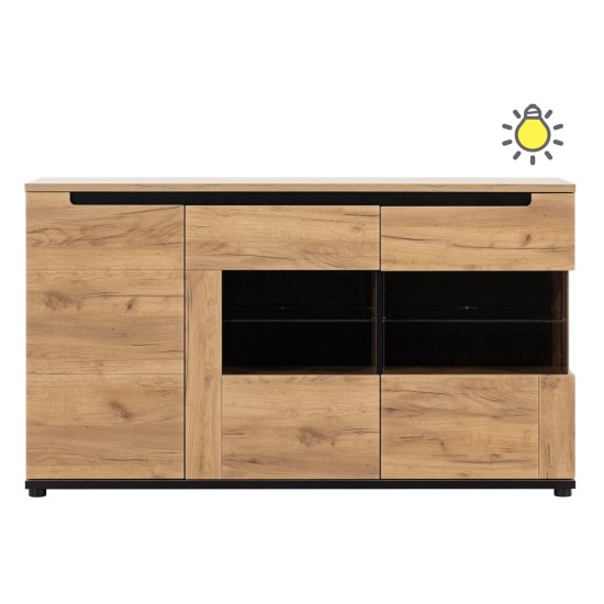 Сервант PRISCO 150 см, 3 двери, дуб крафт золотой и чёрный, фасады дуб крафт золотой Сервант PRISCO 150 см, 3 двери, дуб крафт золотой и чёрный, фасады дуб крафт золотой