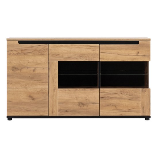 Сервант PRISCO 150 см, 3 двери, дуб крафт золотой и чёрный, фасады дуб крафт золотой Сервант PRISCO 150 см, 3 двери, дуб крафт золотой и чёрный, фасады дуб крафт золотой