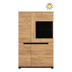 Display cabinet PRISCO 84 cm, 4 doors, golden craft oak and black with golden craft oak fronts
