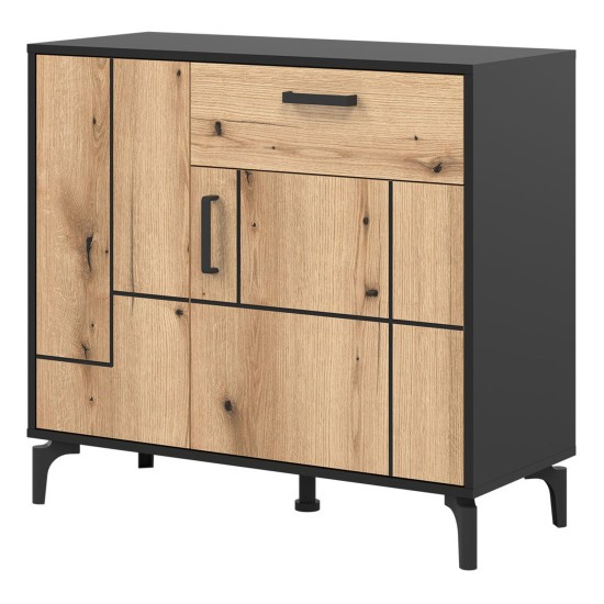 Chest of drawers S-LINE 92 cm, 2 doors and 1 drawer, black with evoke oak fronts