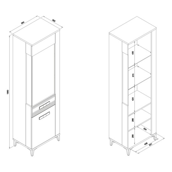 Display cabinet SNOBI 56 cm, 2 doors, left-hand, golden craft oak with alpine white gloss