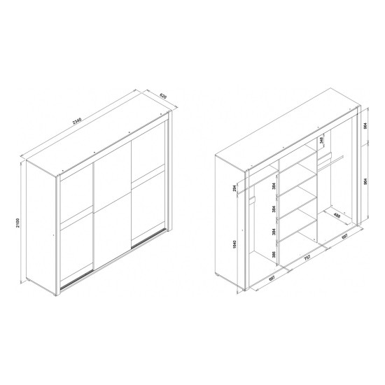 Wardrobe YORK 234 cm, 3 doors, with mirror, grandson oak with graphite Wardrobe YORK 234 cm, 3 doors, with mirror, grandson oak with graphite