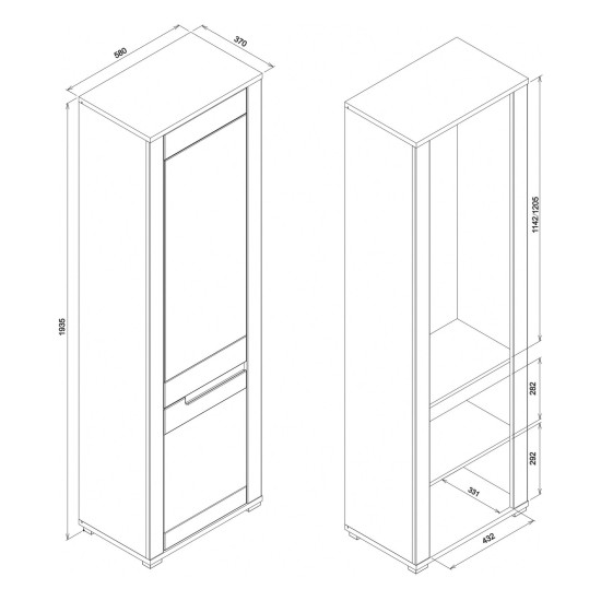 Cabinet YORK 58 cm, 2 doors, with mirror, left or right, grandson oak with graphite