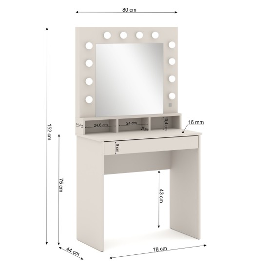 Dressing table BROADWAY 80 cm with lit mirror, cashmere
