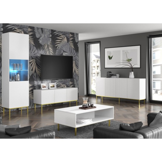 TV unit RAVENNA C 200 cm, 4 doors, white matt with white gloss, black metal legs
