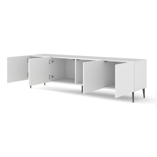TV unit RAVENNA C 200 cm, 4 doors, white matt with white gloss, black metal legs
