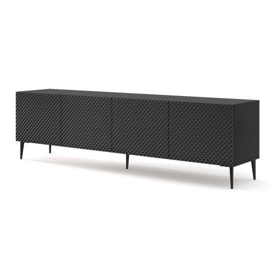 מזנון טלוויזיה RAVENNA C 200, ארבע דלתות, שחור מט עם שחור מבריק, רגלי מתכת שחורות