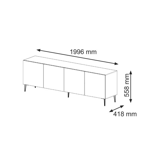 מזנון טלוויזיה RAVENNA C 200, ארבע דלתות, שחור מט עם שחור מבריק, רגלי מתכת שחורות