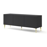 TV unit RAVENNA C 150 cm, 3 doors, black matt with black gloss, gold metal legs