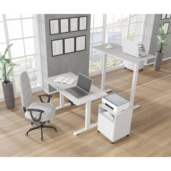 שולחן כתיבה BIMOTION 120 על 65 עם כוונון גובה, לבן מט, מסגרת לבנה