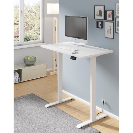 שולחן כתיבה BIMOTION 120 על 65 עם כוונון גובה, לבן מט, מסגרת לבנה