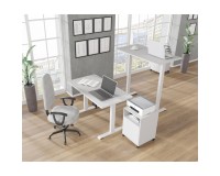 שולחן כתיבה BIMOTION 120 על 65 עם כוונון גובה, לבן מט, מסגרת לבנה