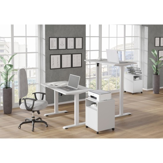 שולחן כתיבה BIMOTION 120 על 65 עם כוונון גובה, לבן מט, מסגרת לבנה