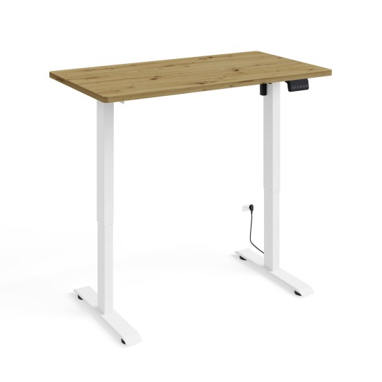 שולחן כתיבה BIMOTION 120 על 65 עם כוונון גובה, אלון ארטיזן, מסגרת לבנה