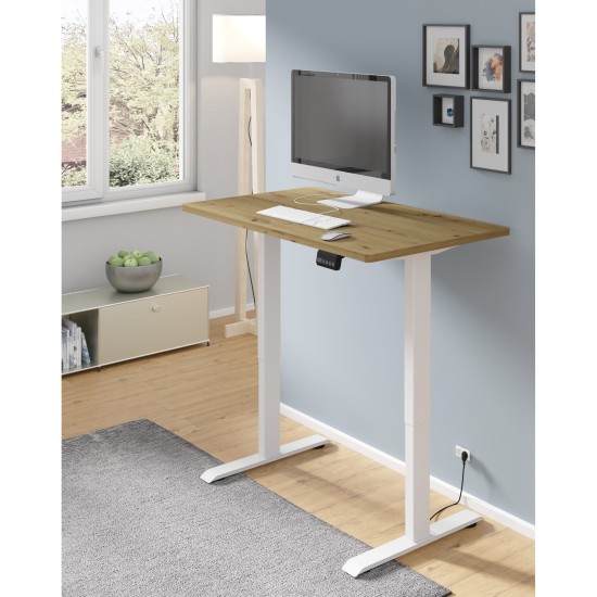 שולחן כתיבה BIMOTION 120 על 65 עם כוונון גובה, אלון ארטיזן, מסגרת לבנה