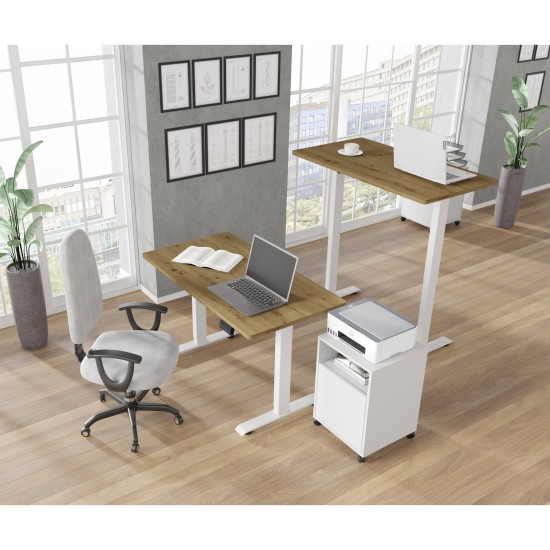 שולחן כתיבה BIMOTION 120 על 65 עם כוונון גובה, אלון ארטיזן, מסגרת לבנה