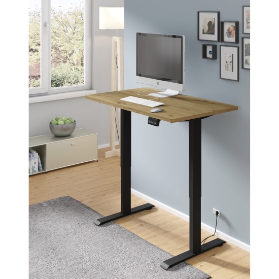 שולחן כתיבה BIMOTION 120 על 65 עם כוונון גובה, אלון ארטיזן, מסגרת שחורה