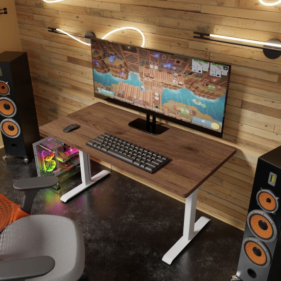 Desk BIMOTION 140 by 70 cm height adjustable, walnut, white frame