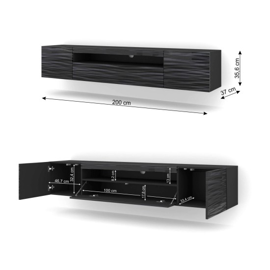 TV unit AURA 200 cm, black with a Sahara 3D relief