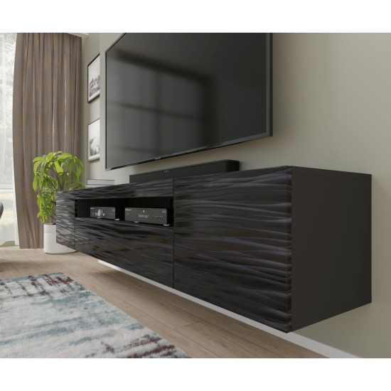 TV unit AURA 200 cm, black with a Sahara 3D relief