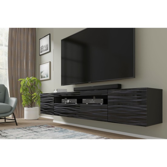 TV unit AURA 200 cm, black with a Sahara 3D relief