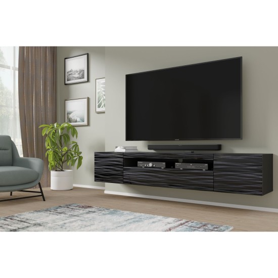 TV unit AURA 200 cm, black with a Sahara 3D relief