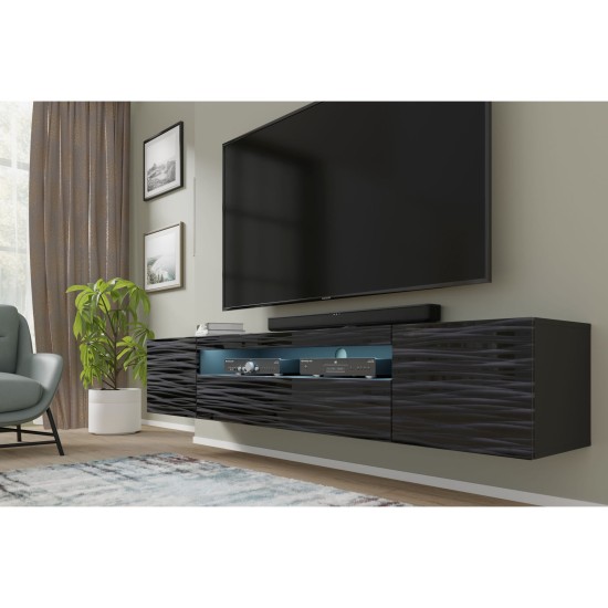 TV unit AURA 200 cm, black with a Sahara 3D relief
