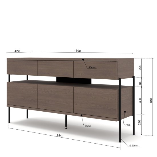 Комод PUFFIN 154 см, три ящика и три дверцы, холодный коричневый Комод PUFFIN 154 см, три ящика и три дверцы, холодный коричневый