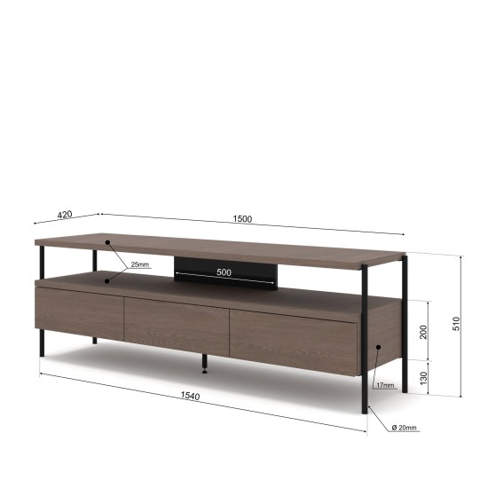 TV unit PUFFIN 154 cm, three drawers, cool brown