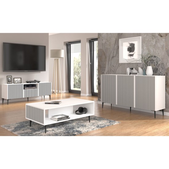 Комод RAVENNA FP 150 см, 3 двери, белый с чёрным, чёрные металлические ножки