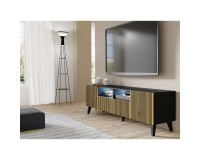 TV unit RAVENNA F 200 cm, 2 doors and 2 drawers, black matt with artisan oak, black legs
