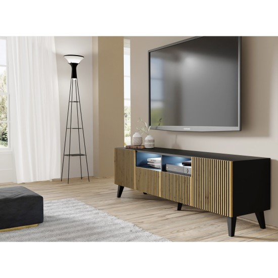 TV unit RAVENNA F 200 cm, 2 doors and 2 drawers, black matt with artisan oak, black legs