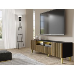 TV unit RAVENNA F 200 cm, 2 doors and 2 drawers, black matt with artisan oak, golden legs TV unit RAVENNA F 200 cm, 2 doors and 2 drawers, black matt with artisan oak, golden legs
