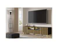 TV unit RAVENNA F 200 cm, 2 doors and 2 drawers, black matt with artisan oak, golden legs