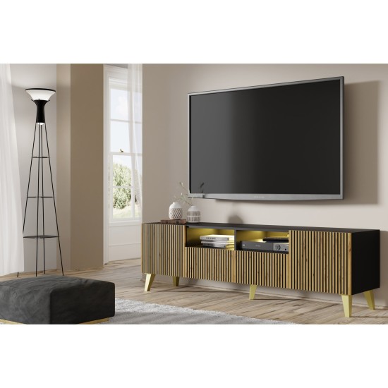 TV unit RAVENNA F 200 cm, 2 doors and 2 drawers, black matt with artisan oak, golden legs