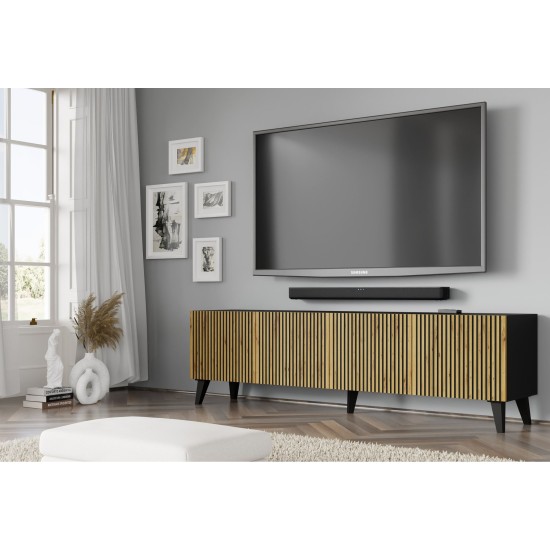 TV unit RAVENNA F 200 cm, 4 doors, black matt with artisan oak, black legs