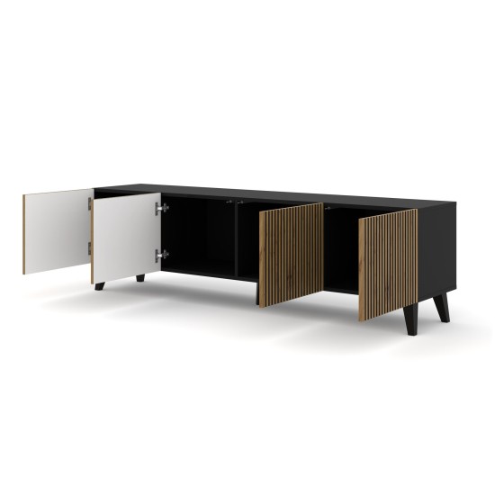 TV unit RAVENNA F 200 cm, 4 doors, black matt with artisan oak, black legs
