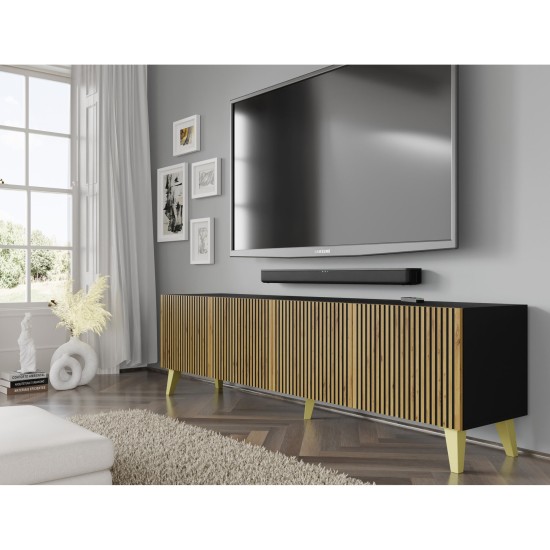 TV unit RAVENNA F 200 cm, 4 doors, black matt with artisan oak, golden legs