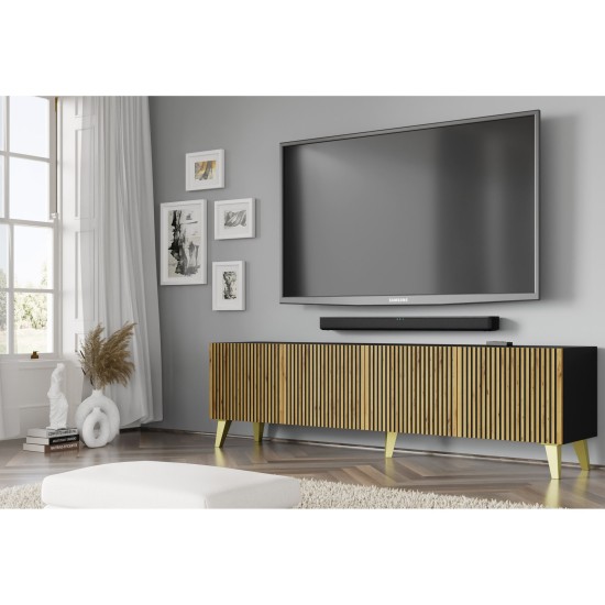 TV unit RAVENNA F 200 cm, 4 doors, black matt with artisan oak, golden legs