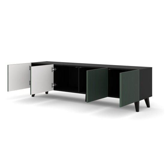 TV unit RAVENNA F 200 cm, 4 doors, black matt with dark green, black legs