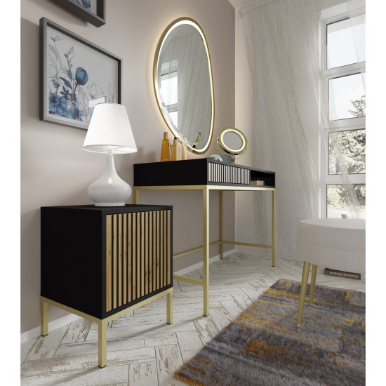 Nightstand RAVENNA F 41 cm with a door, black matt with artisan oak, golden frame
