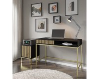 Nightstand RAVENNA F 41 cm with a door, black matt with artisan oak, golden frame