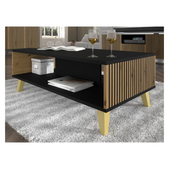 Coffee table RAVENNA PB 90 by 60 cm, black matt with artisan oak, golden legs