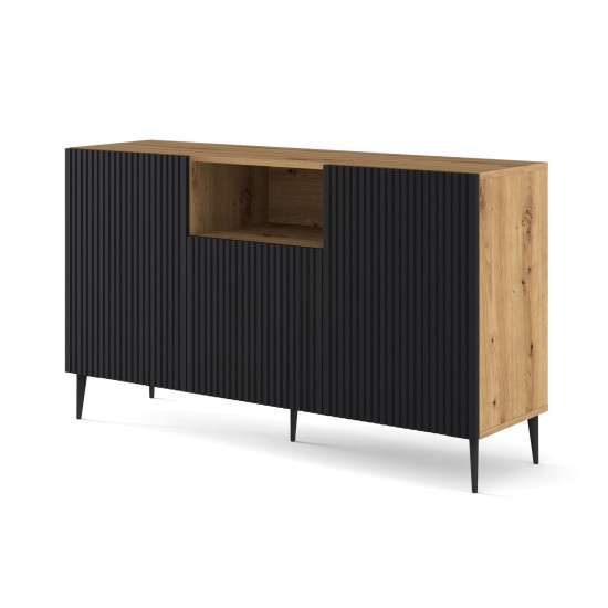 Sideboard RAVENNA PB 150 cm, 2 doors and a niche, artisan oak with black matt, black metal legs