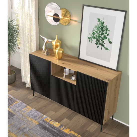 Sideboard RAVENNA PB 150 cm, 2 doors and a niche, artisan oak with black matt, black metal legs