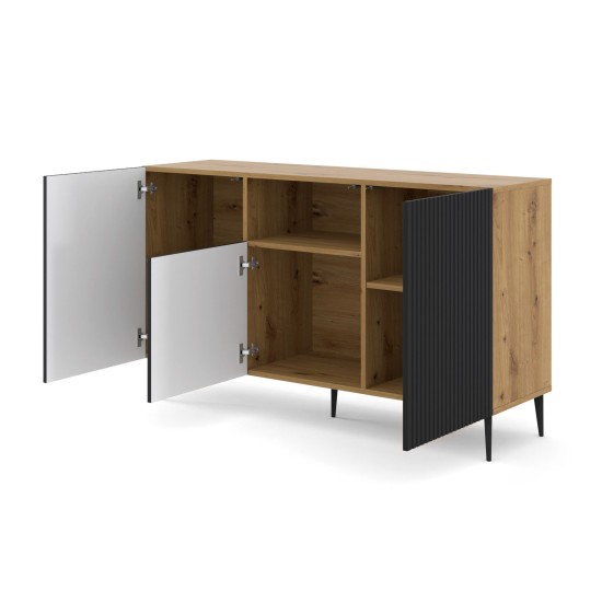 Sideboard RAVENNA PB 150 cm, 2 doors and a niche, artisan oak with black matt, black metal legs