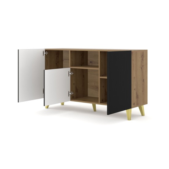 Sideboard RAVENNA PB 150 cm, 2 doors and a niche, artisan oak with black matt, golden legs