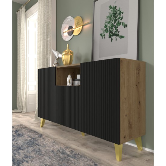 Sideboard RAVENNA PB 150 cm, 2 doors and a niche, artisan oak with black matt, golden legs